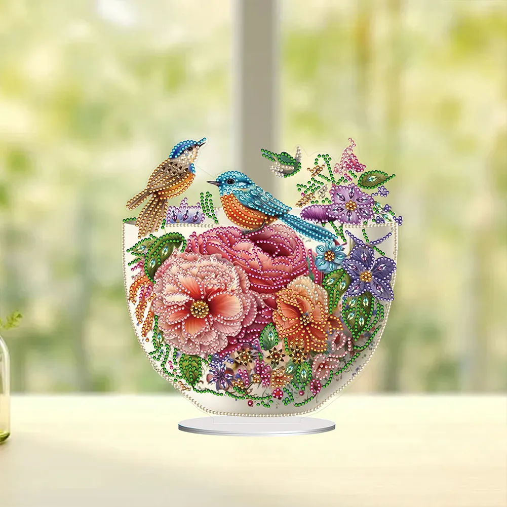5D DIY Artistic Flower Bird Acrylic Special Shaped Desktop Diamond Art Kit for Desktop Decor