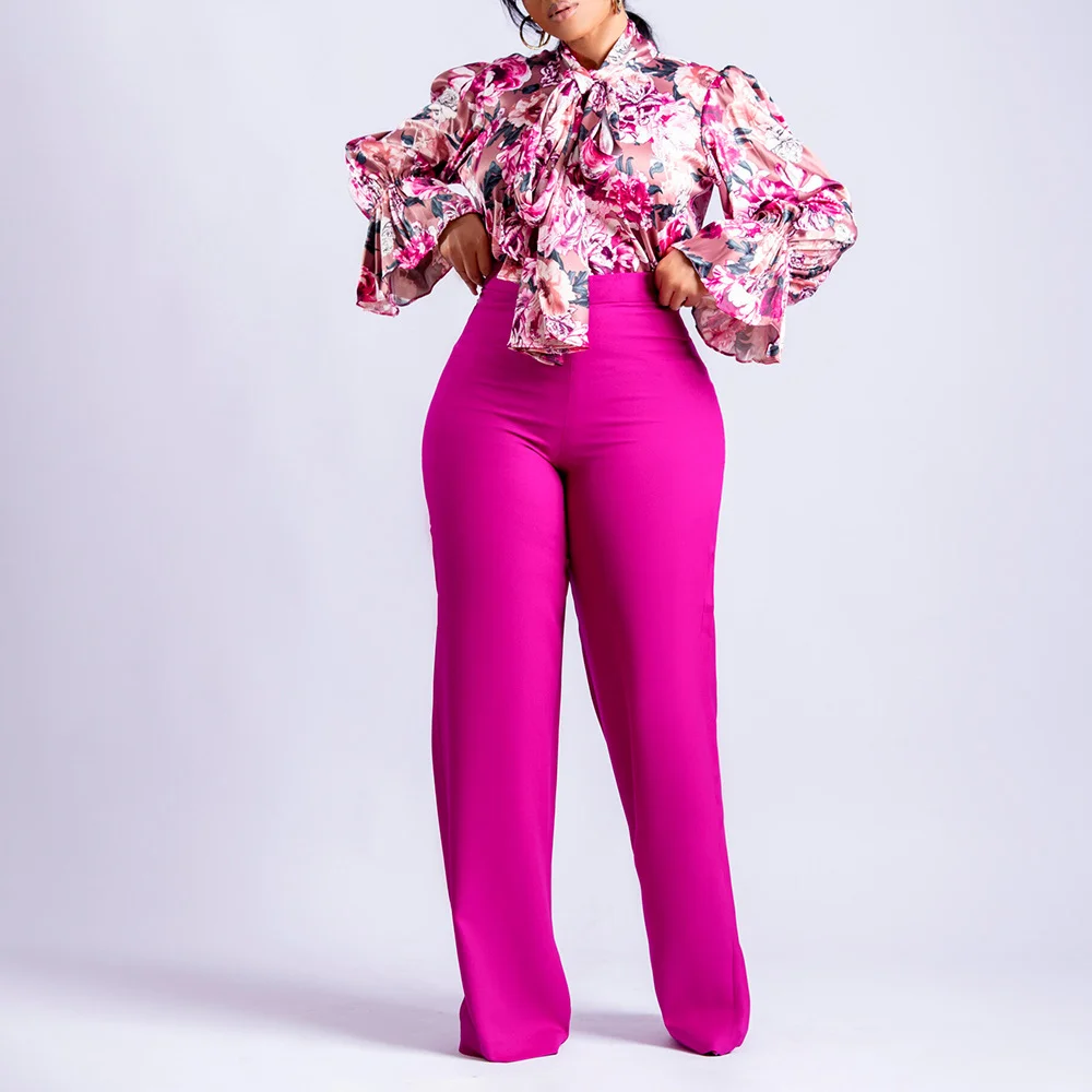 Floral Printed High Waist Wide Leg Two Pieces Set