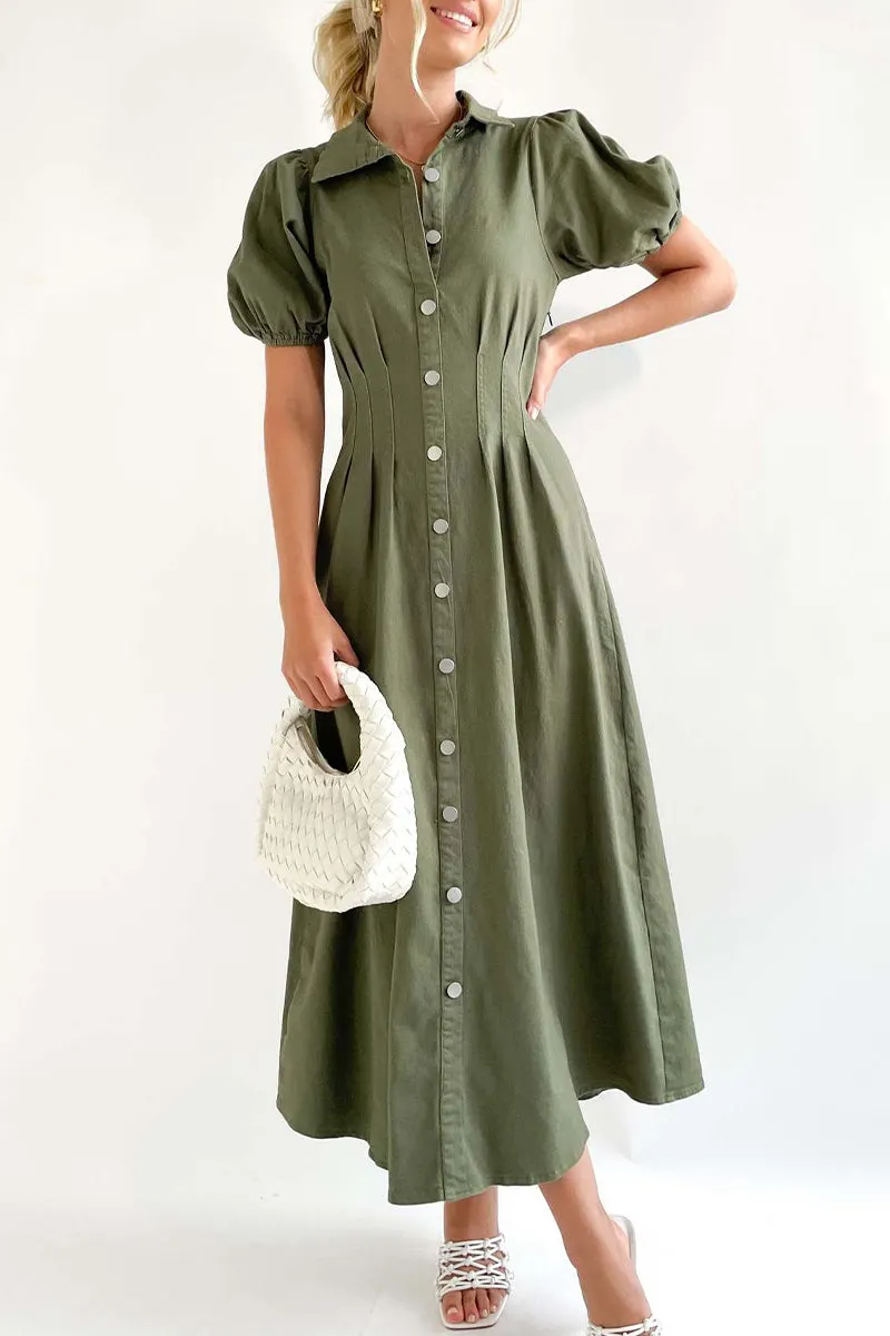 Casual Solid Buckle Turndown Collar A Line Dresses
