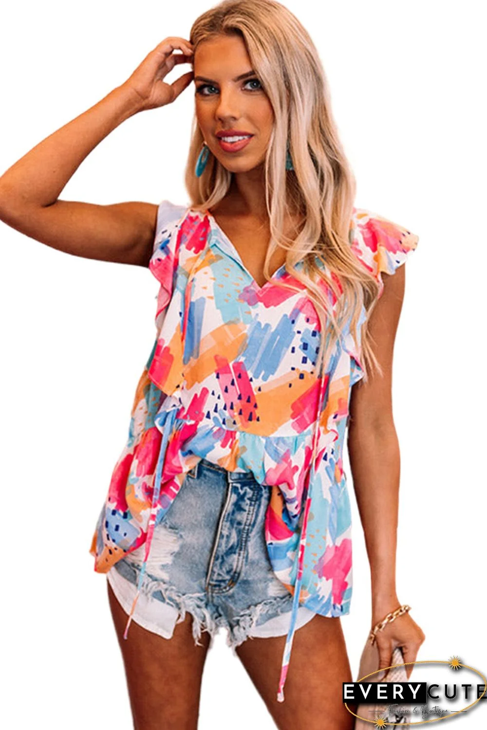 Multicolor Abstract Print V Neck Ruffled Tank