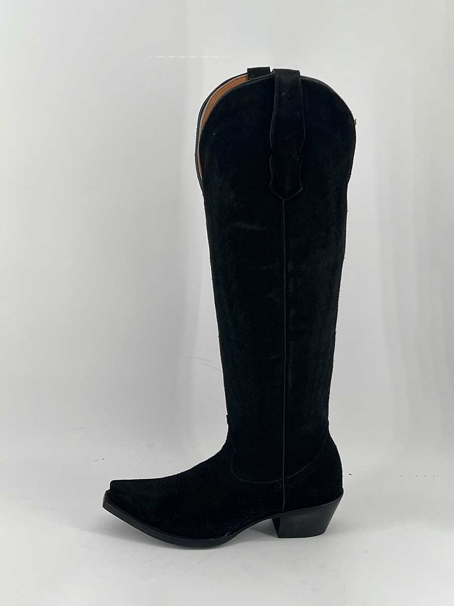 Black Faux Suede Snip Toe Partial-Zip Knee-High Heeled Cowgirl Boots 
