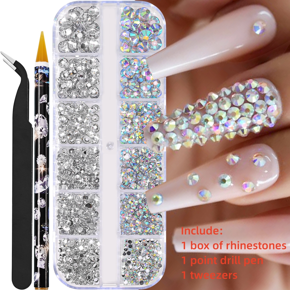 Multi-Size Nail Rhinestones Kit 3D Crystal AB DIY Nail Art Decors Diamond Gems Glitter Manicure Point Drill Pen Tweezers Tools #