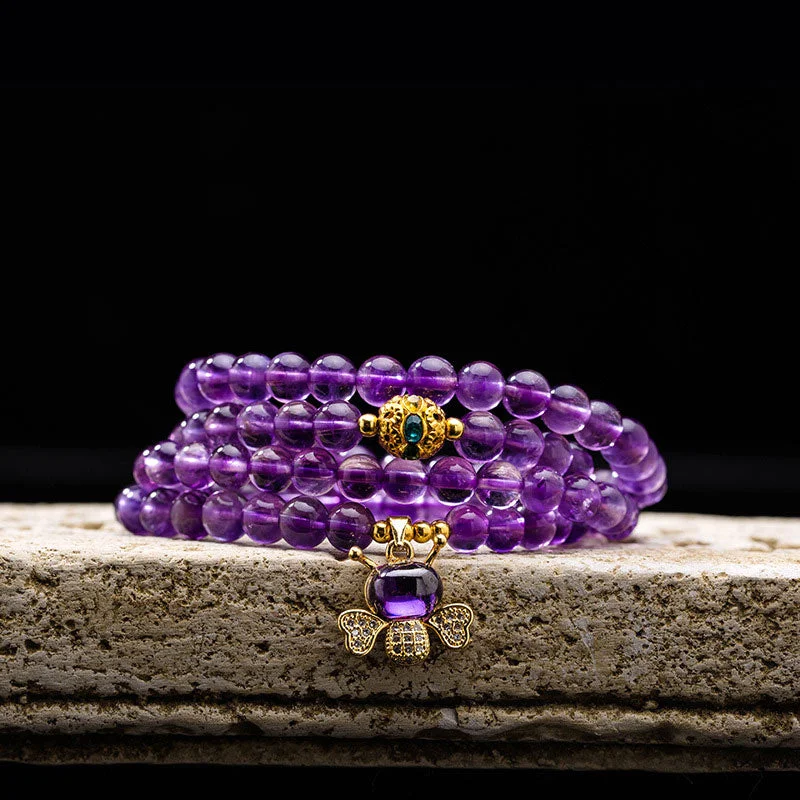Meditation 108 Beads Amethyst Bee Calm Bracelet Mala