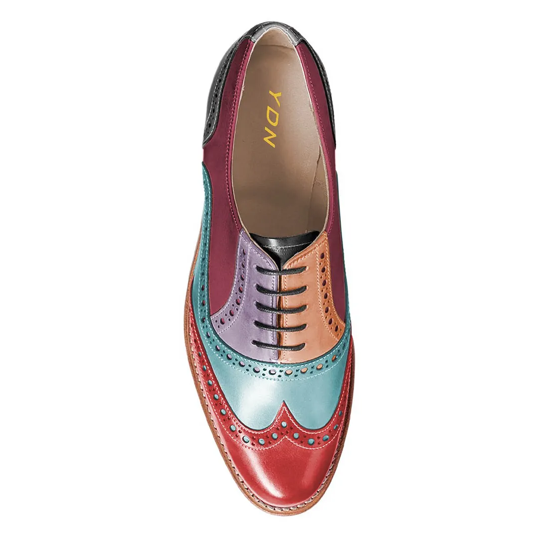 Multicolor Perforated Round Toe Lace-Up Flat Oxford Shoes Women
