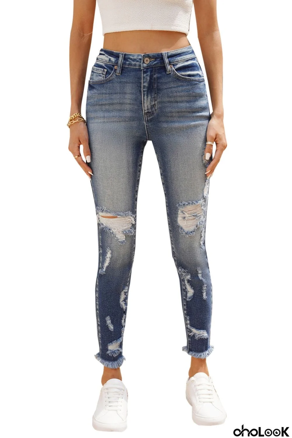 High Rise Distressed Raw Hem Skinny Jeans
