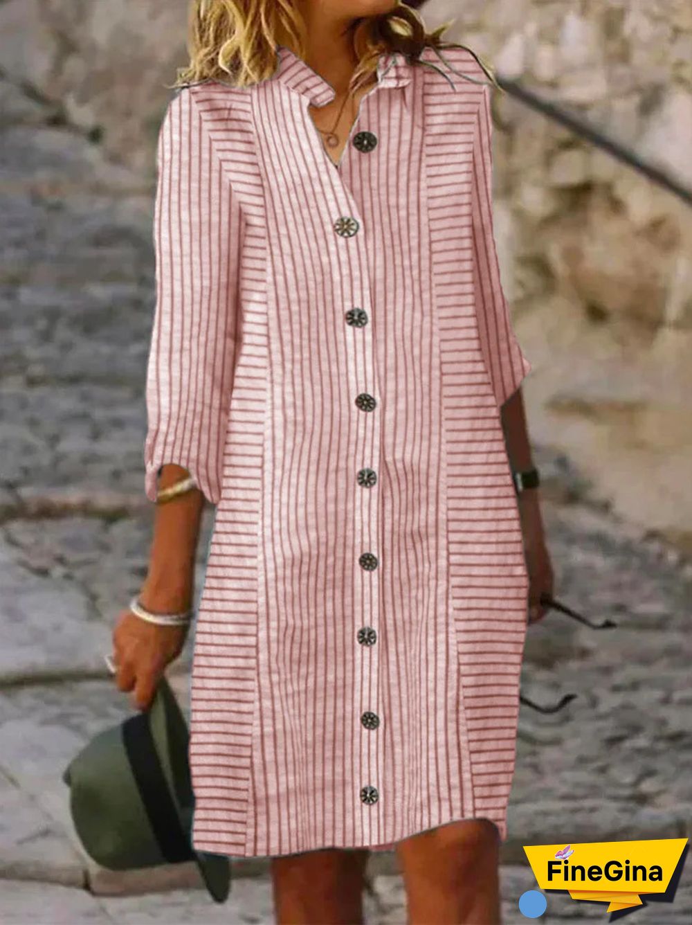 Women's Striped Solid Color V-Neck Long Sleeve Maxi Dress