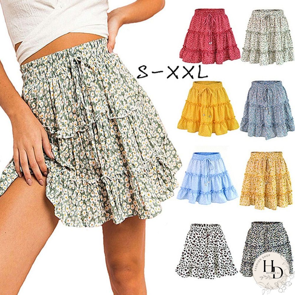 Women Fashion Casual Floral Short Skirts Summer High Waist Pleated Printed Beach Skirt
