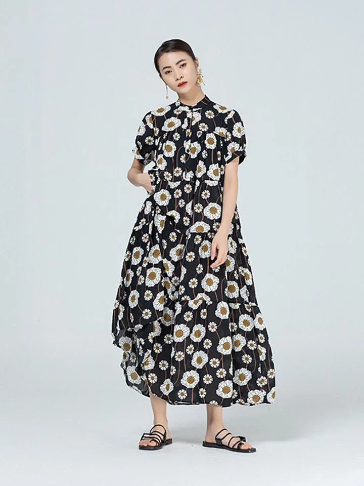 Chiffon Loose Stand Collar Chrysanthemum Printed Folds Splicing Short Sleeve Dress