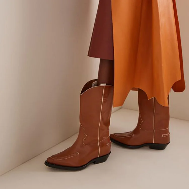 Brown Wide Calf Cowgirl Boots with Pointy Toe and Chunky Heel |FSJ Shoes