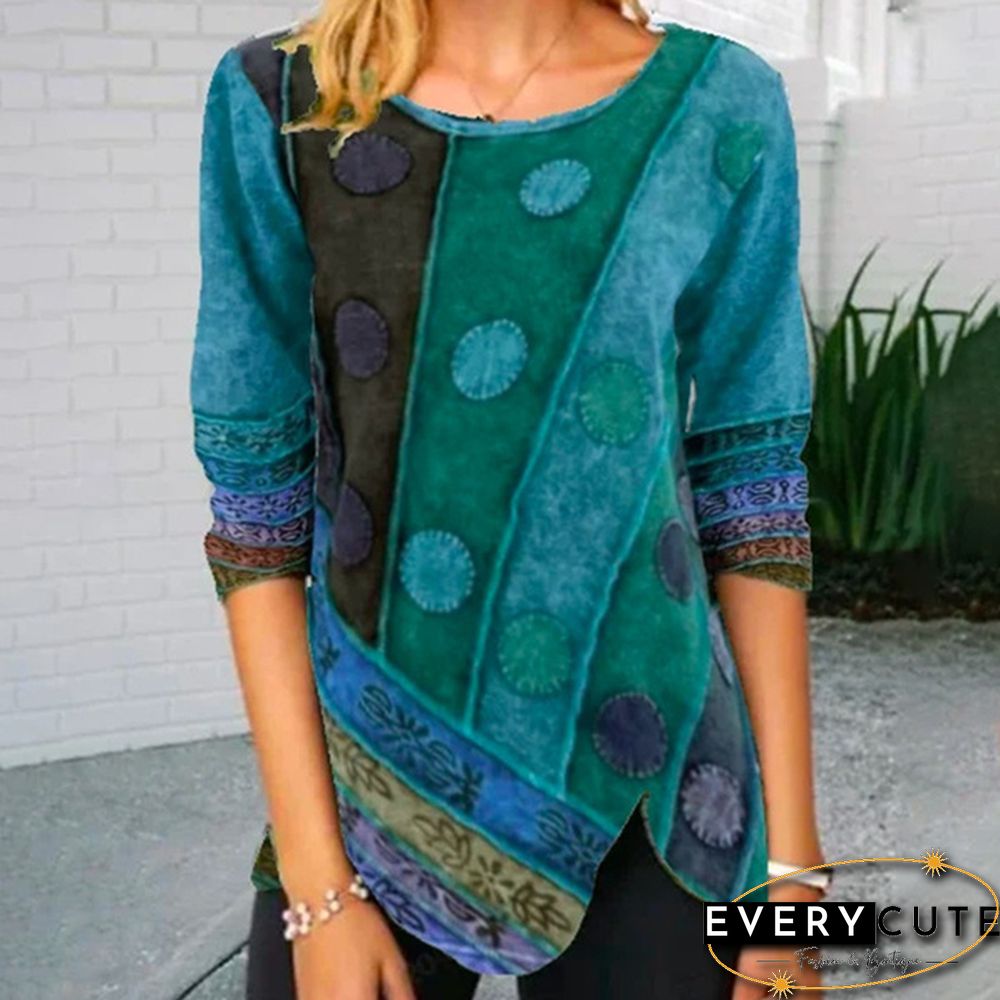 Womens Fashion Autumn and Spring Printed Long-sleeved Round-neck Casual T-shirt Loose Plus