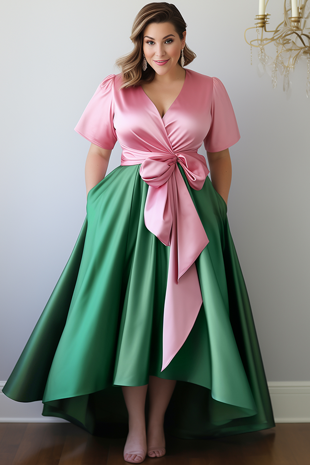 Flycurvy Plus Size Wedding Guest Pink And Green Satin Wrap Pocket High Low Hem Maxi Dress