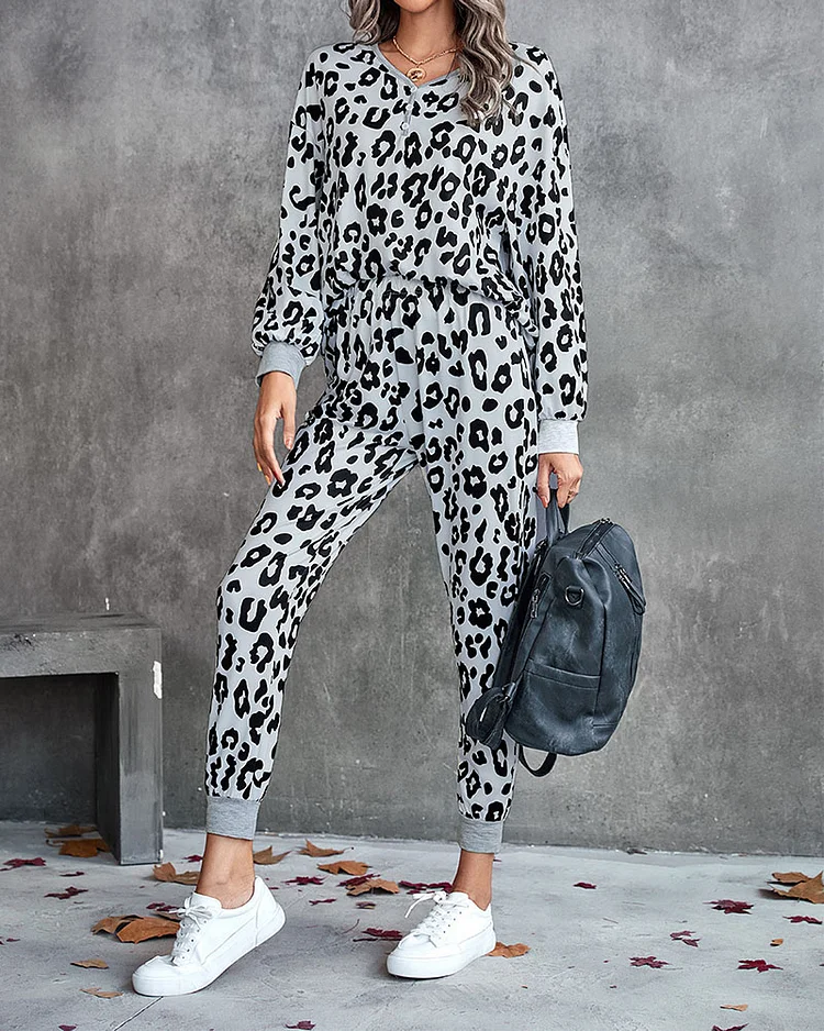 V-neck Long-sleeve Top Pants Cow Print Two-piece Suit