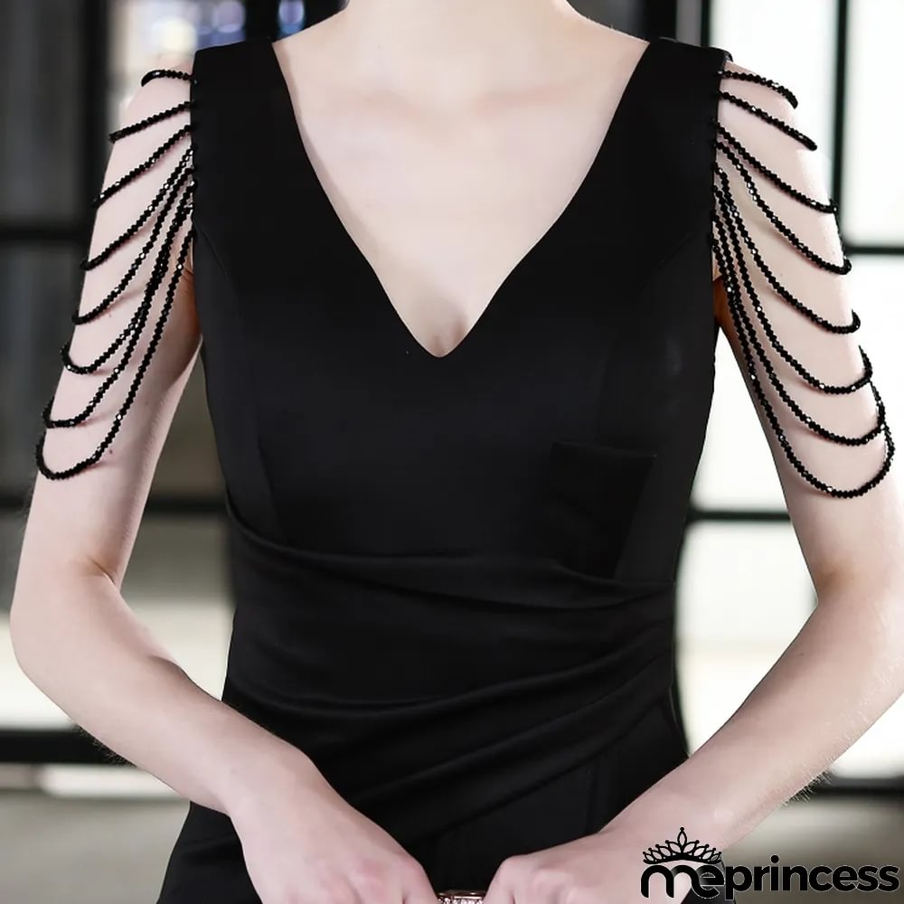 Summer Formal Black Chains Slit V-Neck Evening Dress