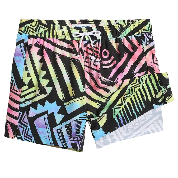 5.5 Inseam 2 in 1 Stretch Short Liner Colorful Printed Swim Shorts