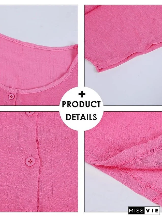 Women's Casual Dress Shirt Dress Cotton Linen Dress Mini Dress Blue Purple Pink Short Sleeve Pure Color Spring Summer V Neck Beach Basic Daily Weekend Loose Fit Linen S M L XL XXL 3XL