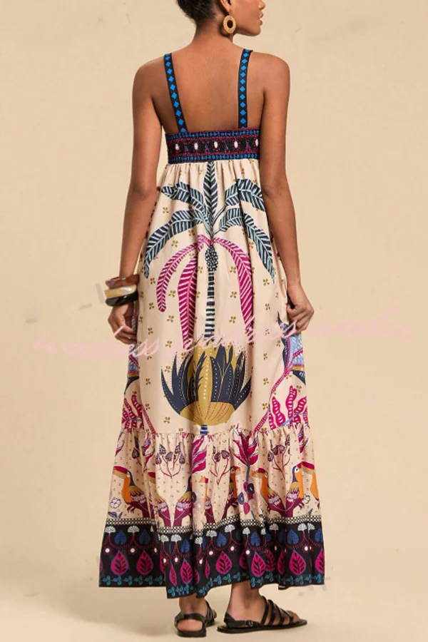 Bohemian Tropical Print Backless Casual Resort Maxi Dress