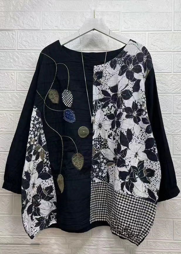 VCSHOES Loose Black O Neck Print Patchwork Cotton Top Long Sleeve
