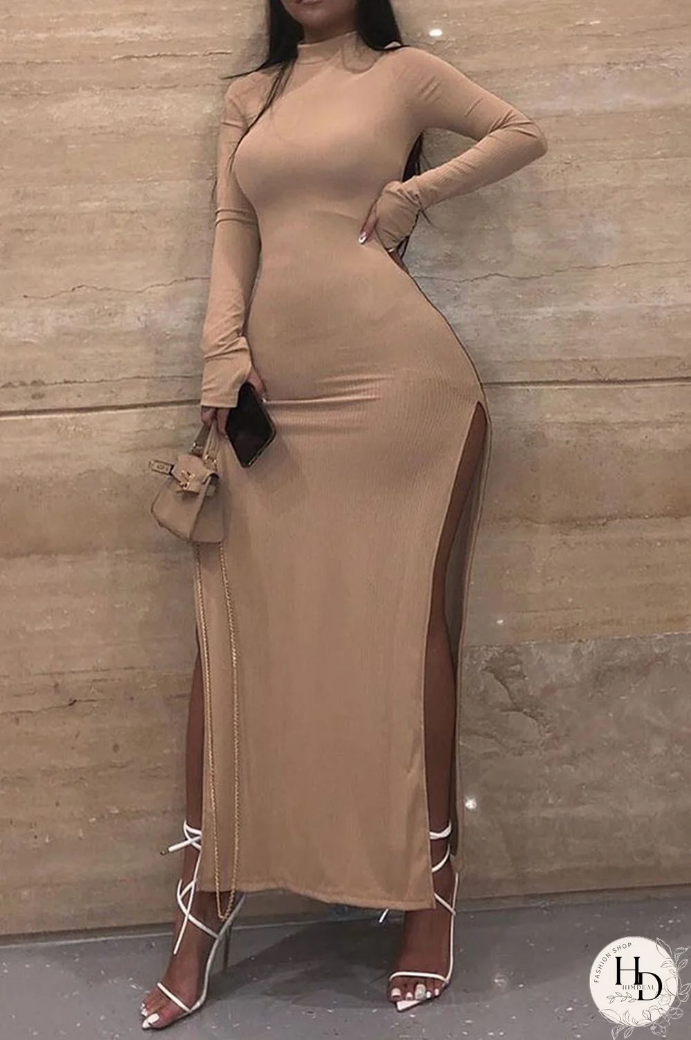 Black Sexy Solid Slit Turtleneck Long Sleeve Ankle Length Long Sleeve Dress Dresses