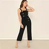 SHEIN Black Waist Belted Double Breasted Pinafore Jumpsuit Women Elegant 2019 Summer Plain Straps Sleeveless Party Jumpsuit