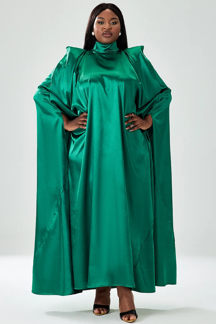 Xpluswear Design Plus Size Green Satin Tunic Church Long Sleeve Maxi Dress