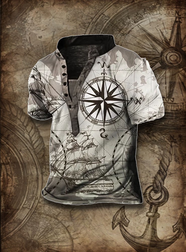 Men's T-Shirt Graphic Anchor Compass Henley Shirt Top / Rvogue / Rvogue