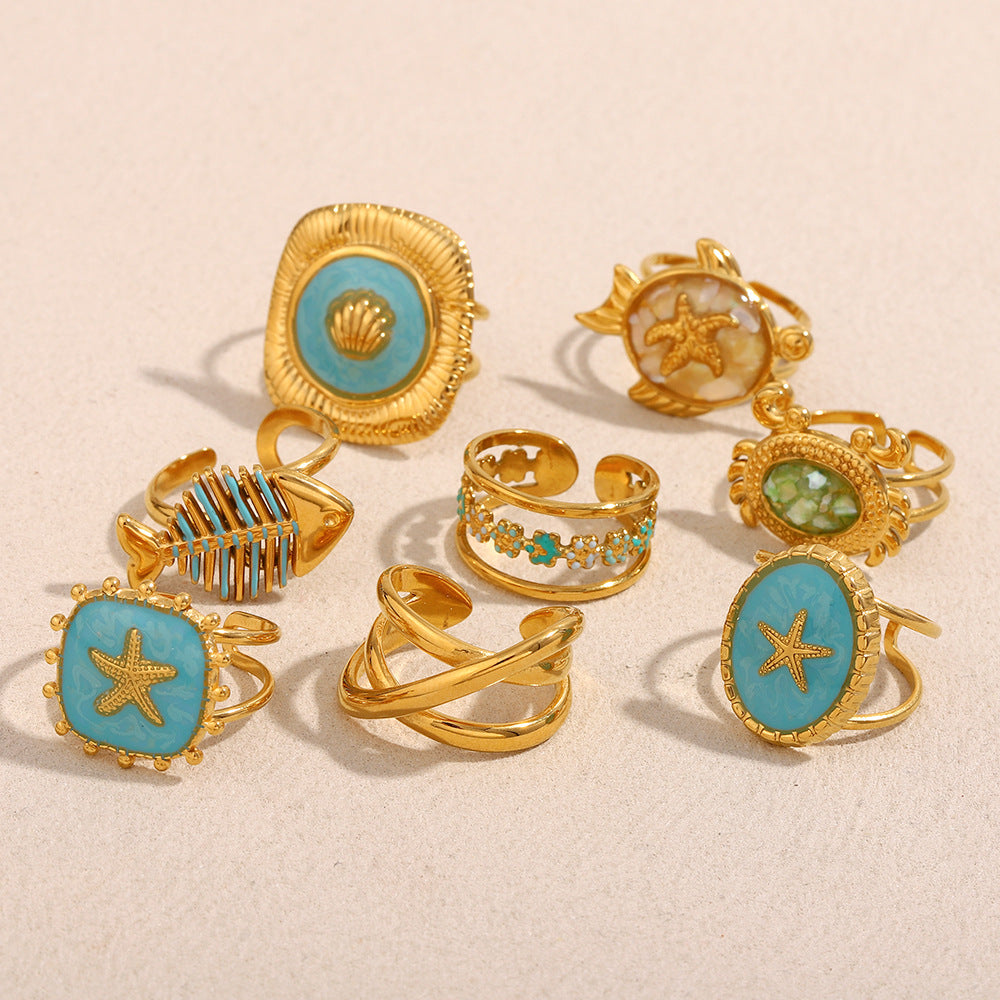 Niche Trend Stainless Steel 18K Gold Plated Cross Line Fishbone Flower Crab Turtle Open Ring