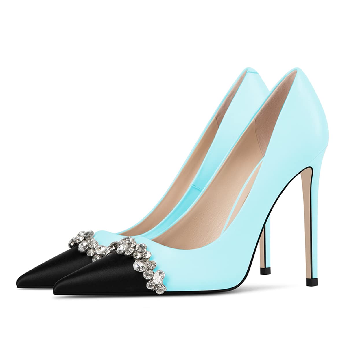 Blue & Black Pointed Toe Stiletto Heel Pumps Shoes with Rhinestone Nicepairs