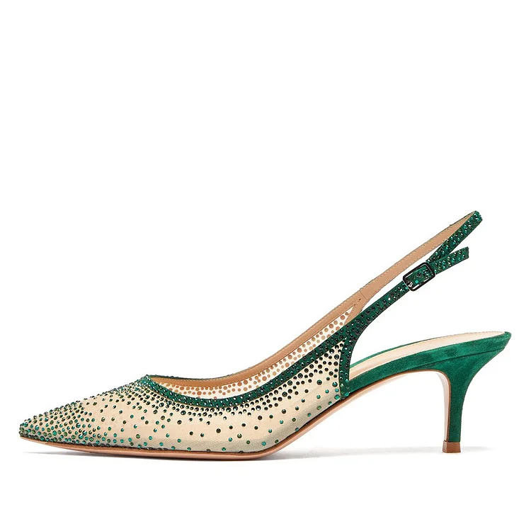 Green Kitten Heel Rhinestone Mesh Slingback Pumps Vdcoo