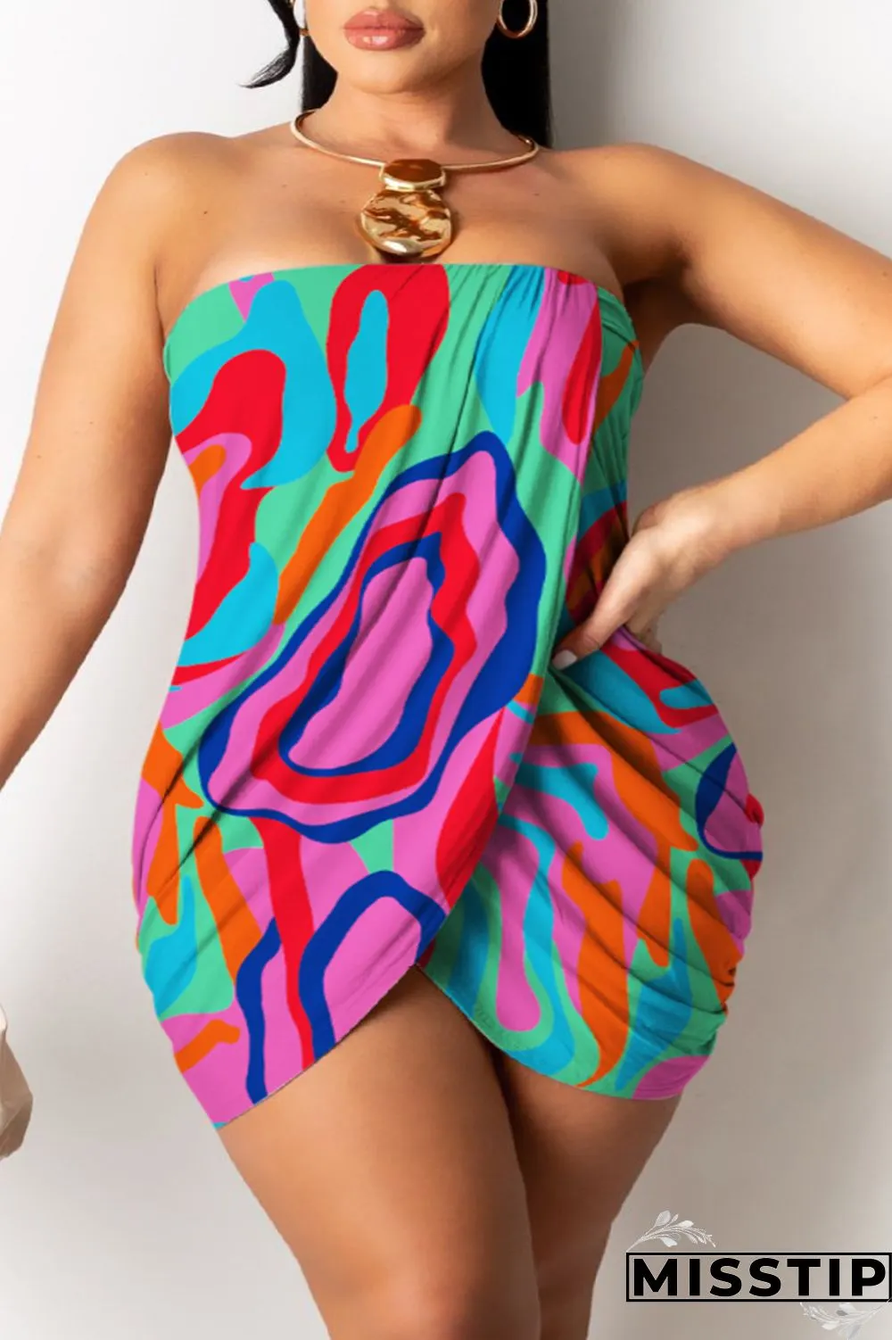 Cyan Sexy Print Patchwork Backless Strapless Sleeveless Dress Dresses