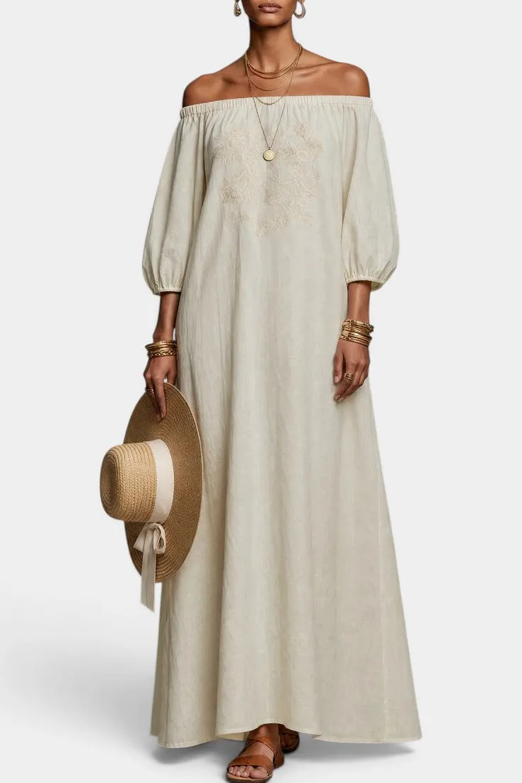 Off-Shoulder Linen Maxi with Embroidered Bust