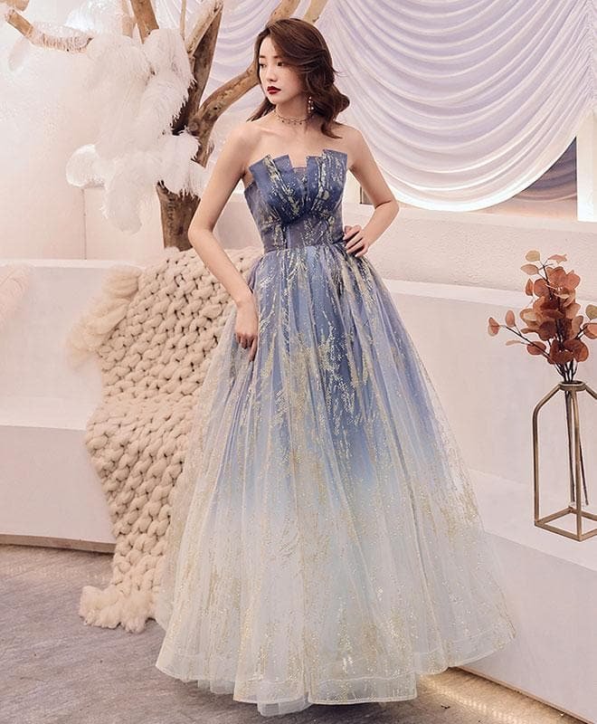 Unique Blue Tulle Long Prom Dress, Blue Evening Dress