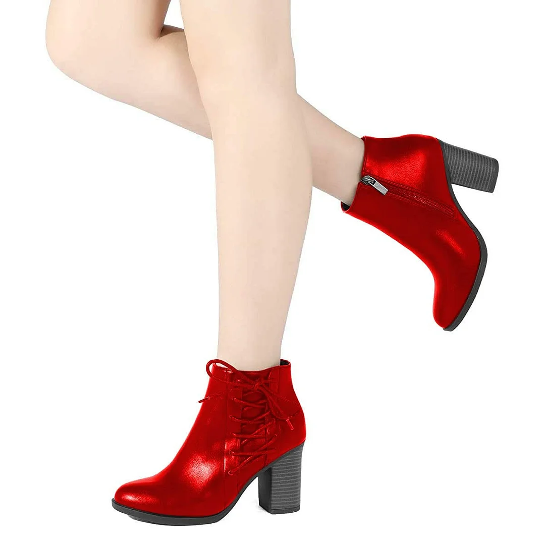 Red Metallic Finish High Heel Ankle Lace-Up Boots with Zipper
