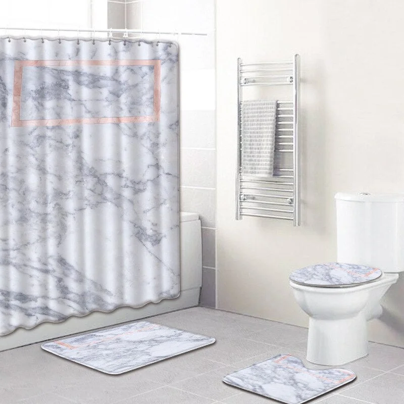 4Pcs Marble Texture Shower Curtain Non-slip Blue Bath Mat Toilet Pad Set Polyester Fabric Curtain For Bathroom Flannel Bath Mat
