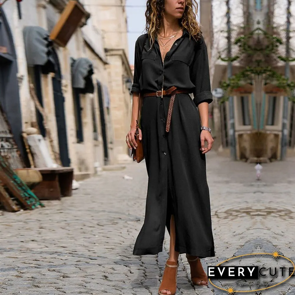 New Autumn Winter Casual Shirt Dress Women Full Sleeve Turn Down Collar Solid Dress