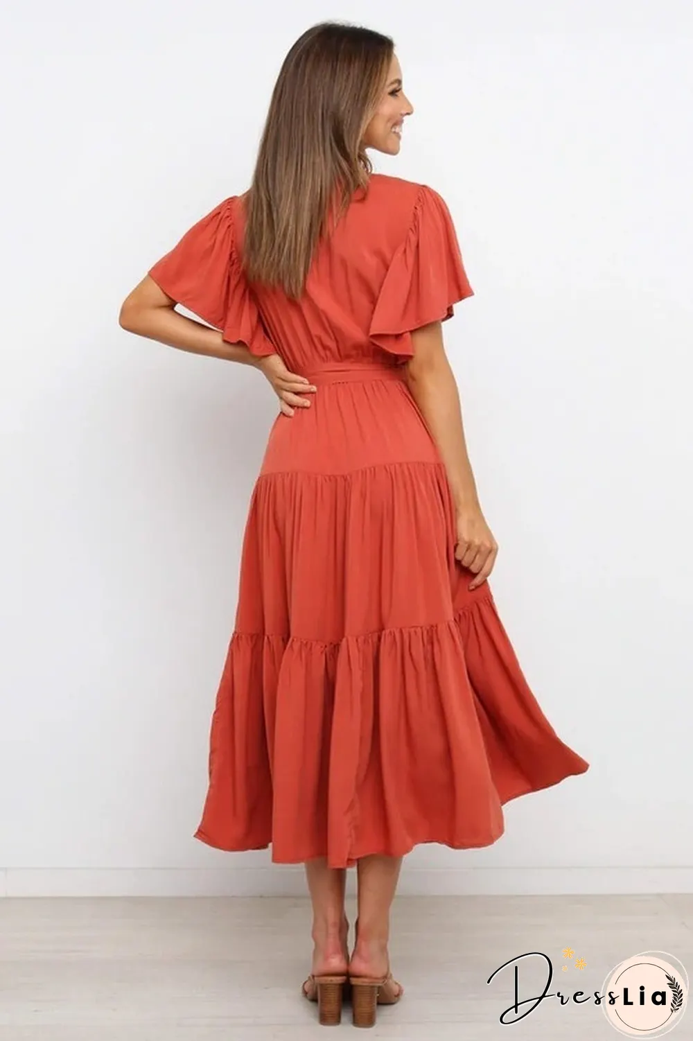 Boho Beach Vacation Summer Women Dresses New Solid V-Neck Short Ruffle Sleeve Lace-up Swing High Waist A-line Long Dress