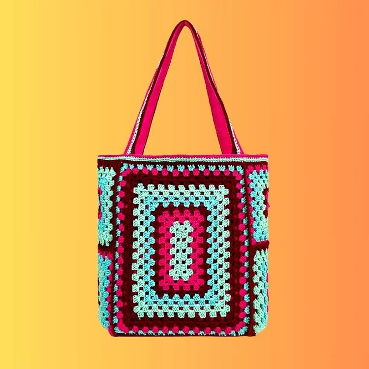Lulusnow Handmade Pink Granny Square Beach Summer Bag Vintage Handbag for Travel Crochet Shoulder Bag  