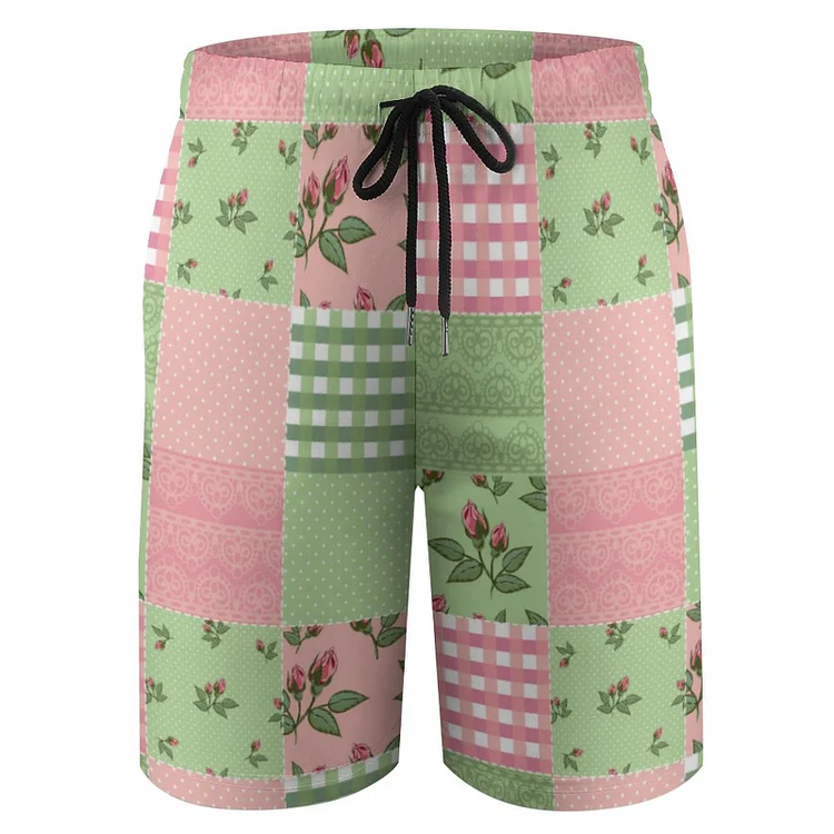 Youth Pink Green Patchwork Quilt Shorts Boys' Quick Dry Beach Swim Trunk Shorts - Heather Prints Shirts