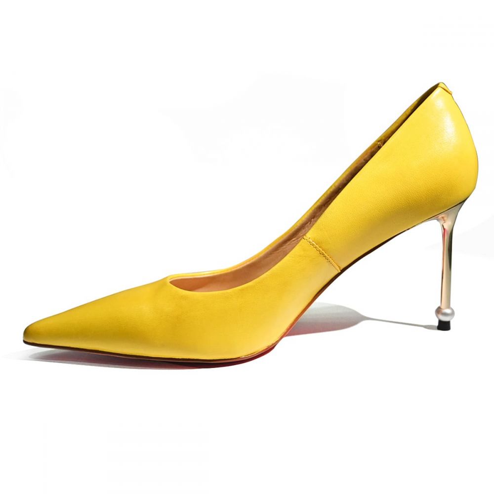 Yellow Pointed Toe Sculptural Heel Commuting Pumps for Women Nicepairs