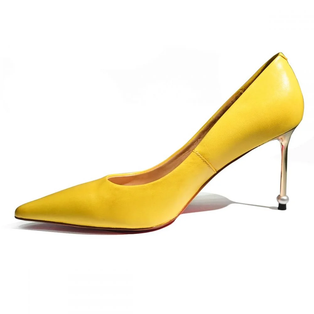 Yellow Vegan Leather Pointed Toe 3'' Stiletto Heel Pumps for Women Nicepairs