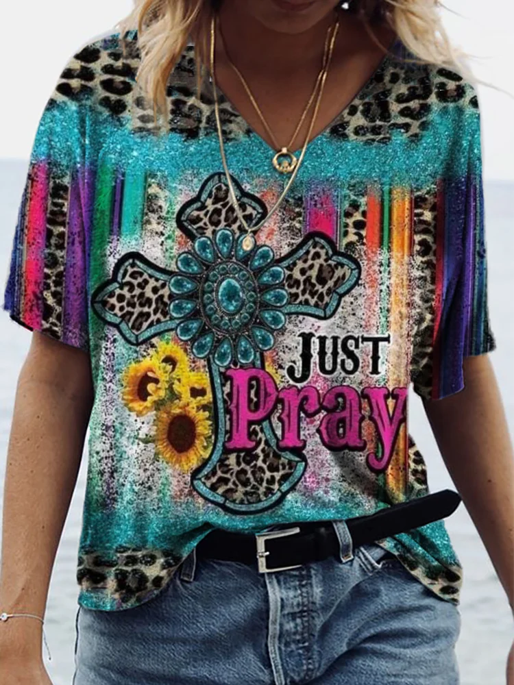 Vefave Just Pray Christian Western Inspired T Shirt
