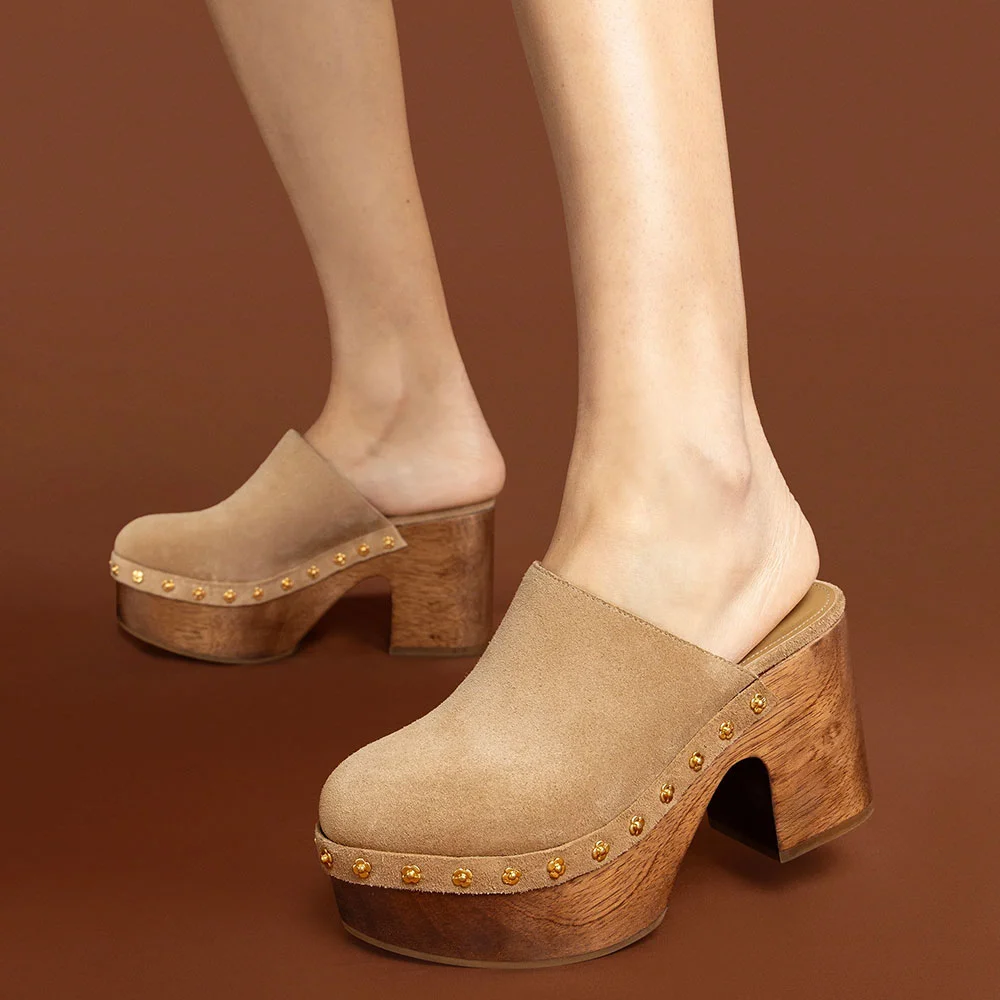Vegan Suede Closed Round Toe Platform Studded Heeld Mules in Tan