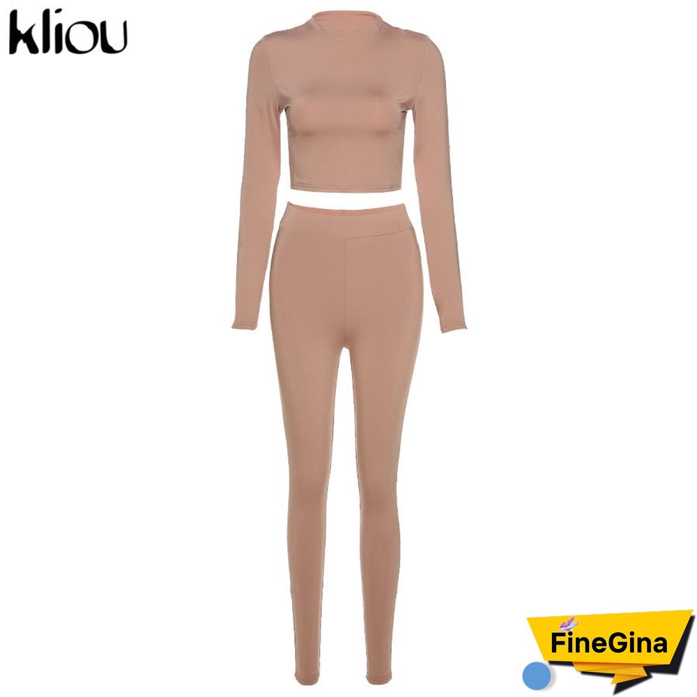 Kliou fashion tracksuit women turtleneck full sleeveless crop top+leggings matching set stretchy sporty fitness casual outfits