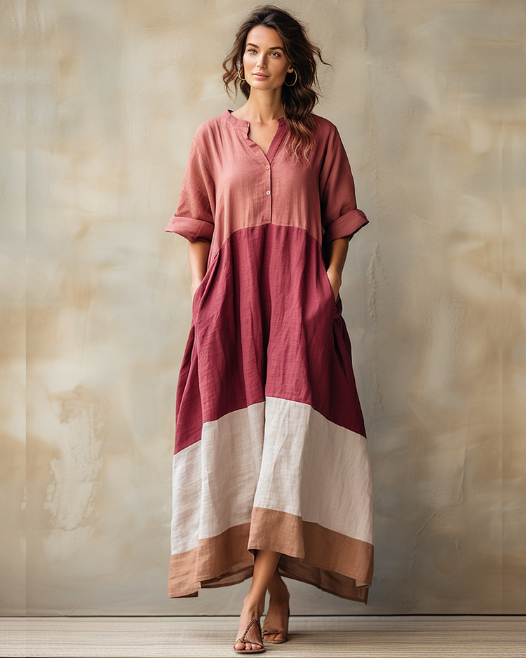Women's cotton and linen color block loose dress 05