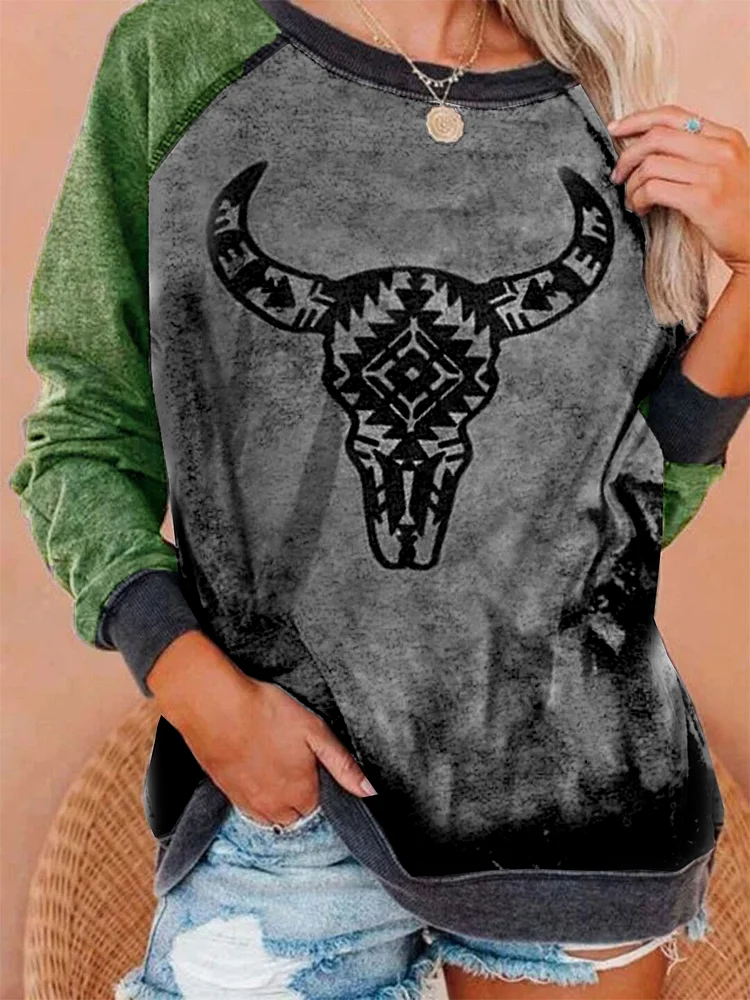 Cow Skull Print Long Sleeve Crew Neck Letter Shirts & Tops