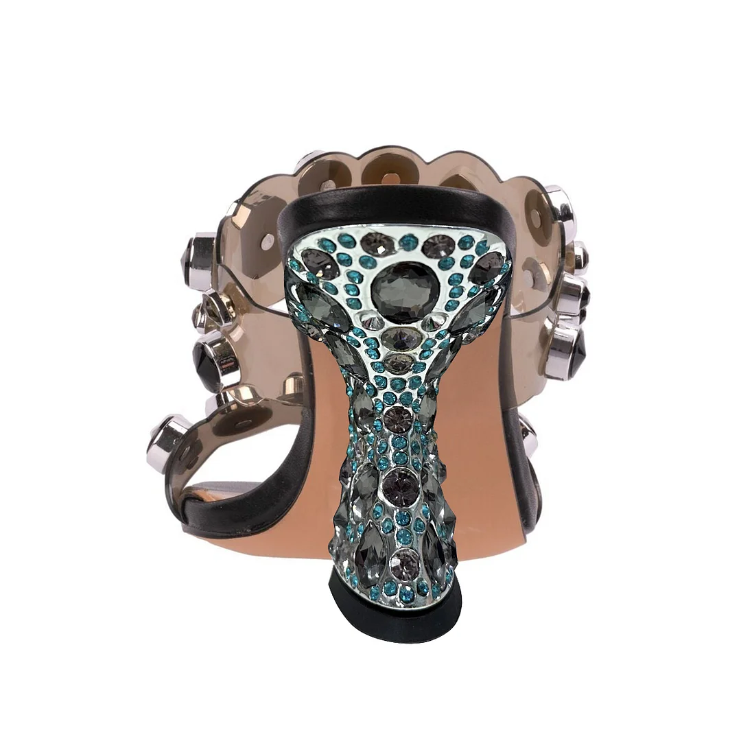 Black Vegan Leather Square Toe Rhinestone Embellished Decorative Heels