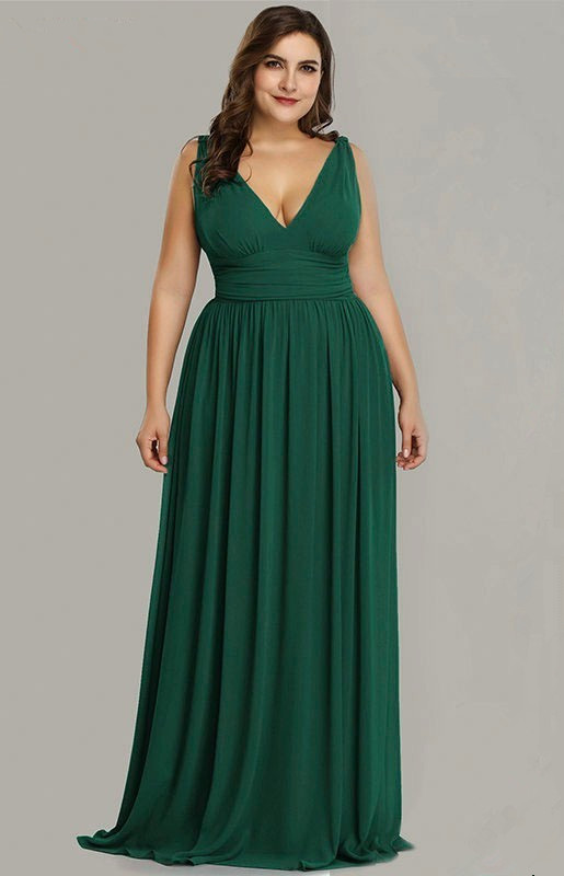 green v-neck sleeveless long chiffon plus size prom dress