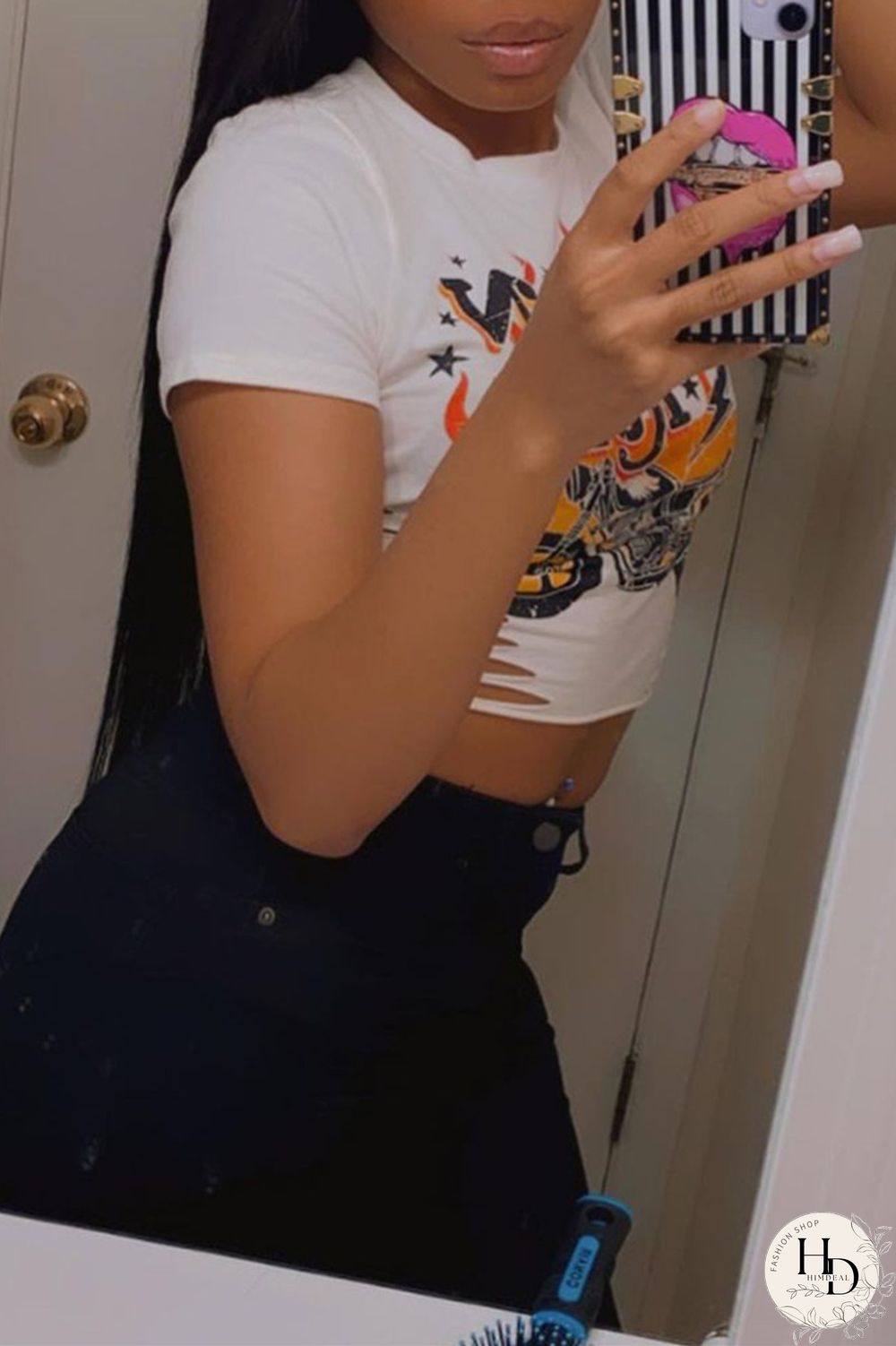 White Fashion Casual Print Ripped O Neck Tops