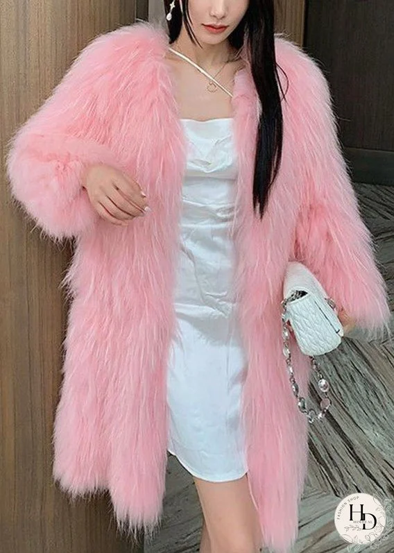 Style Pink V Neck Mink Hair Leather And Fur Long Coats Winter