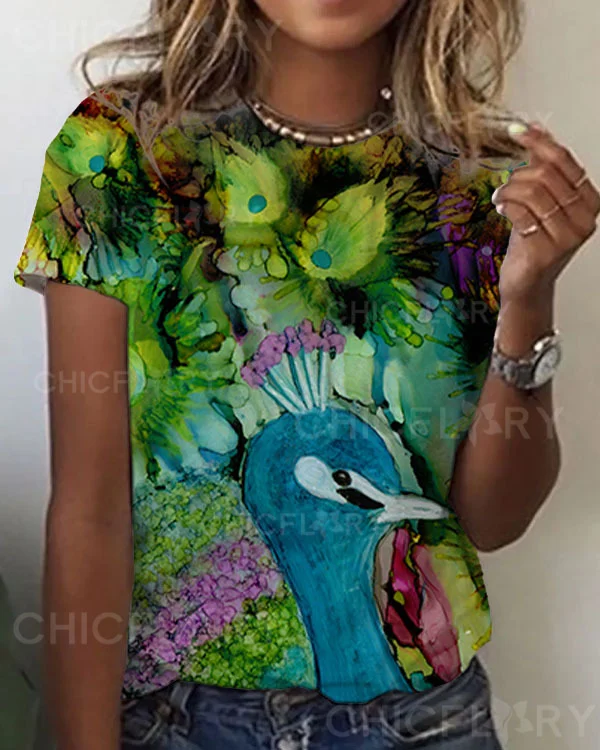Women's Peacock  Pattern Crew Neck T-shirt