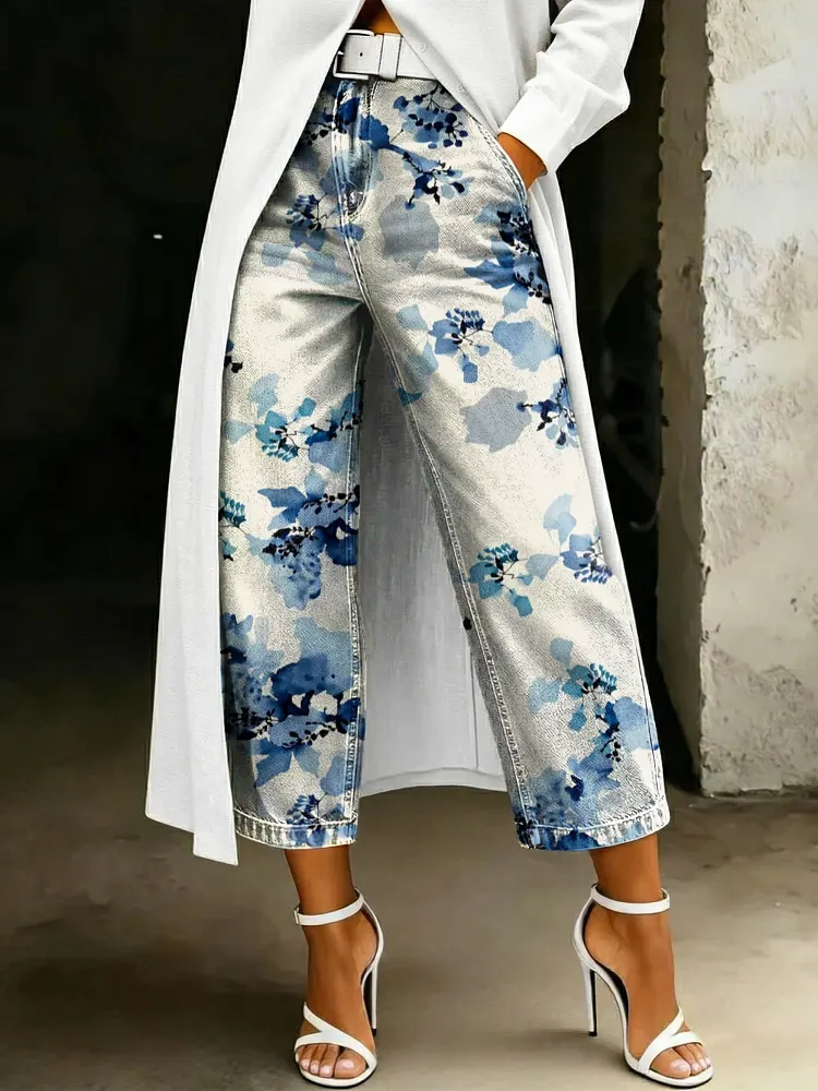 Women's Fashion Ombr&eacute; Watercolor Floral Artistic Print Casual Wide-leg Denim Pants